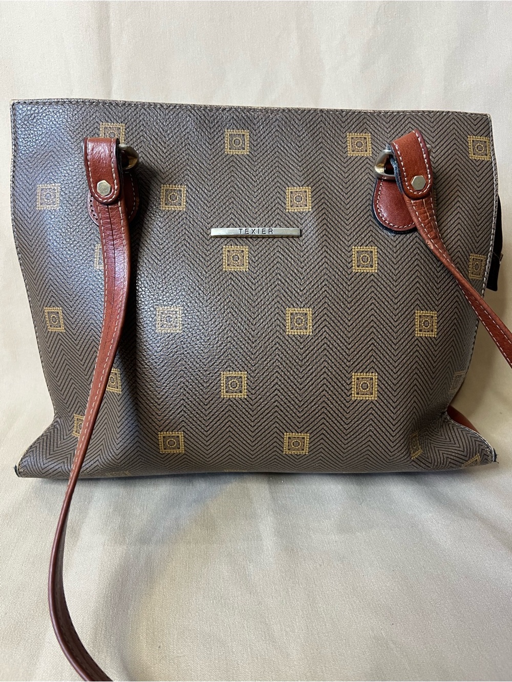 Texier Vintage Leather Double Strap Crossbody Shoulder Bag Tote Brown Purse